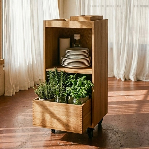 Rulle- og arbejdsbord i egetræ