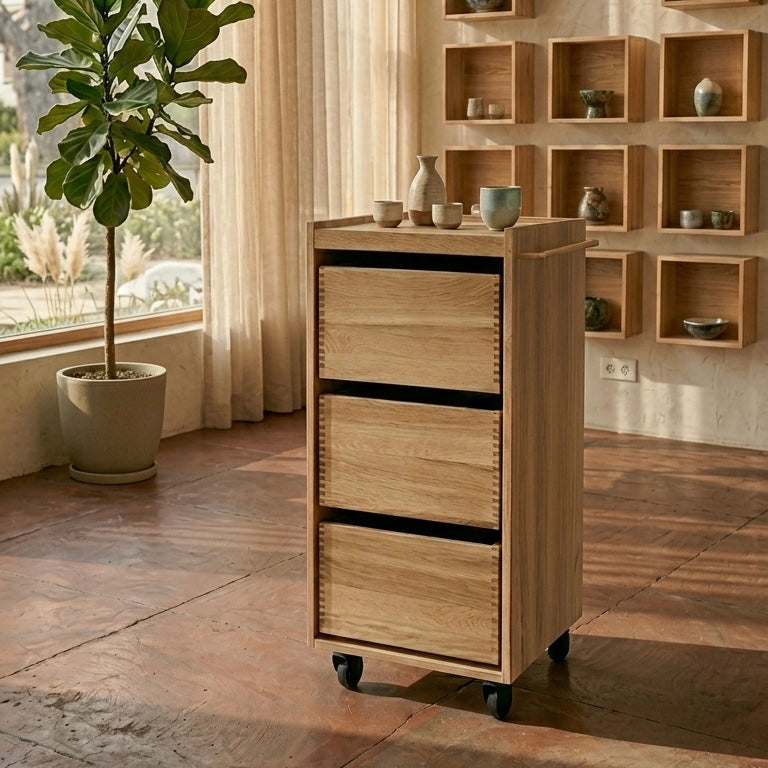 Rulle- og arbejdsbord i egetræ