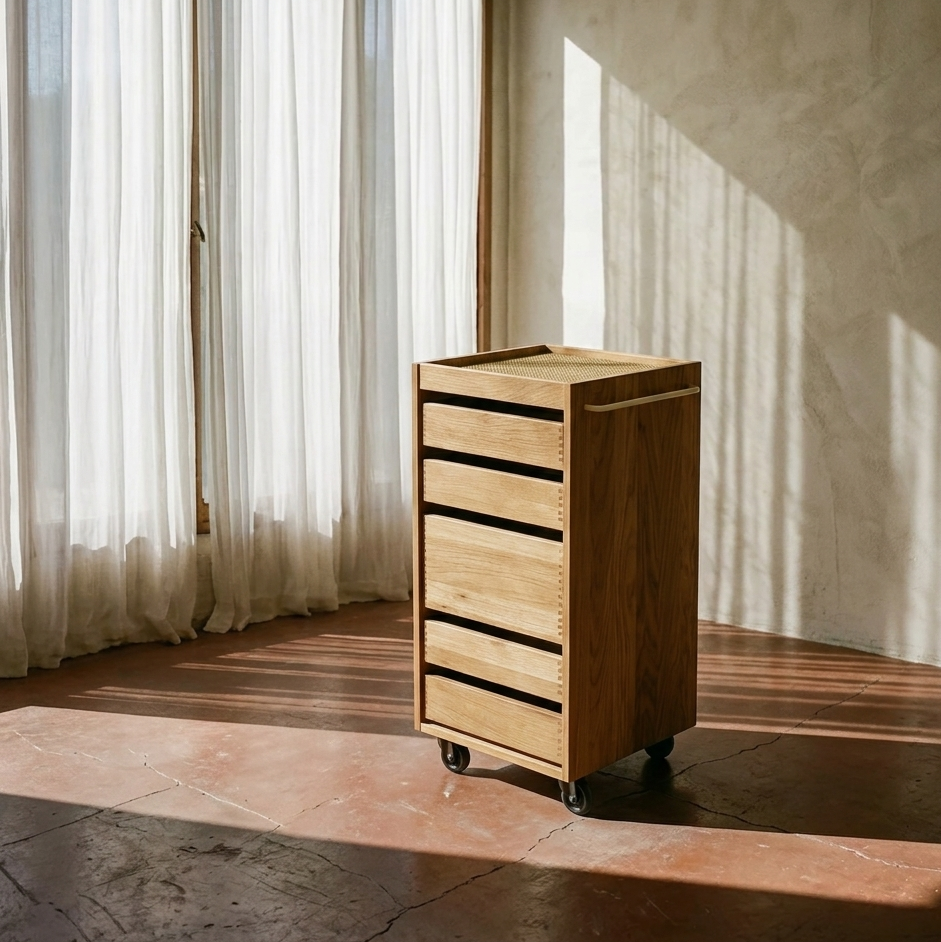 Rulle- og arbejdsbord i egetræ