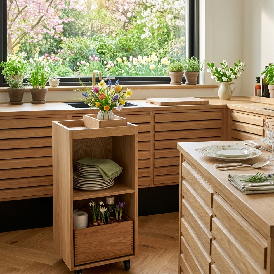 Rulle- og arbejdsbord i egetræ